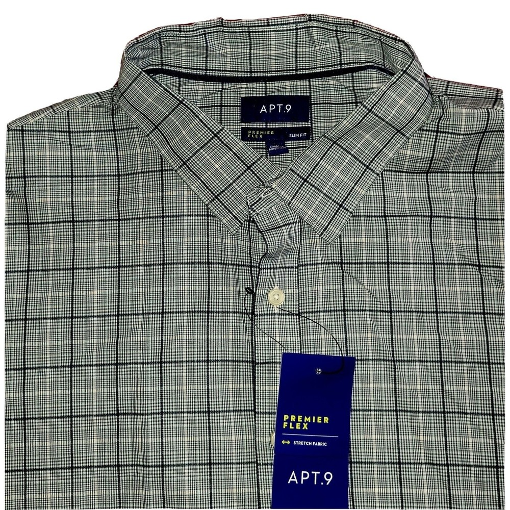 NEW Apt. 9 Premier Flex Men's XXL Shirt Plaid Long Sleeve Glacier Blue Button Up